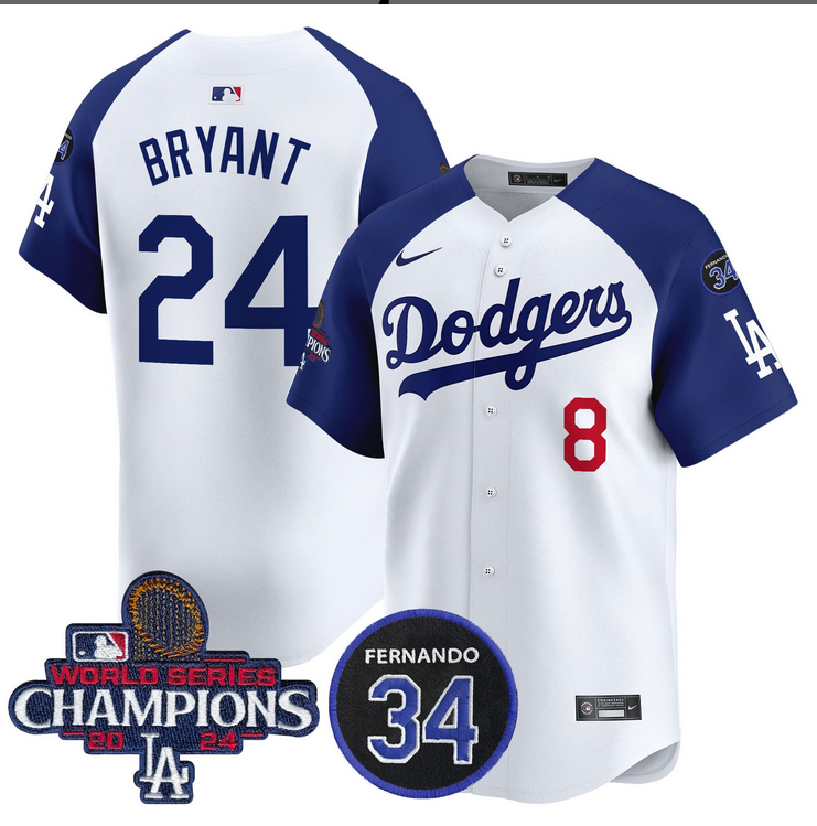 Men MLB Los Angeles Dodgers #24 Bryant white 2024 World Series Champions Patch Limited Jersey style 2